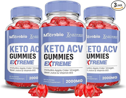 (3 Pack) MIcrobio Keto ACV Gummies Extreme 2000MG Micro Bio Keto Gummies Apple Cider Vinegar Formulated with Pomegranate Beet Juice Powder B12 Vegan Non GMO 180 Gummys