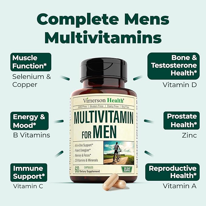 Multivitamin for Men - Daily Mens Multivitamins & Multiminerals with Vitamin A, C, D, E, B12, Zinc & More Essential Vitamins for Men - Mens Vitamins for Energy, Focus, and Mens Health. 60 Capsules