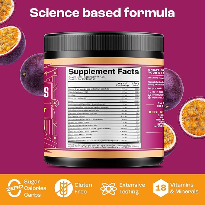 KEY NUTRIENTS Multivitamin Electrolytes Powder No Sugar - Delicious Passion Fruit Electrolyte Powder - Endurance & Energy Supplement - Hydration Powder - No Calories - 90 Servings - Made in USA