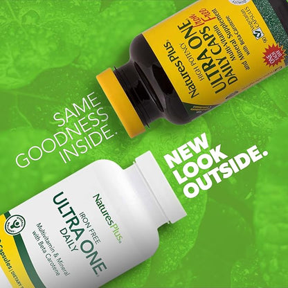 Natures Plus Ultra One Iron Free - 90 Easy to Swallow Capsules - High Potency Once Daily Multivitamin & Mineral Supplement - Natural Energy - Vegetarian, Gluten-Free - 90 Servings