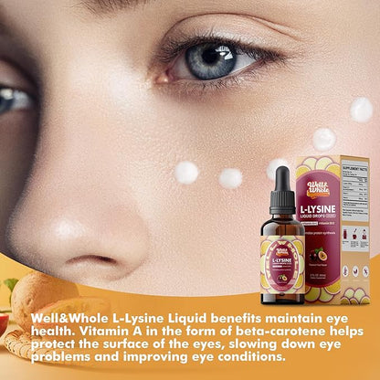 L-Lysine Supplement Liquid Drops | L-Lysine Vitamins 1000mg Tincture with Vitamin A, C, and B12 | Immune Support, Skin & Lips Health, Collagen Synthesis & Muscle Recovery | Non-GMO, Vegan，2 Fl Oz