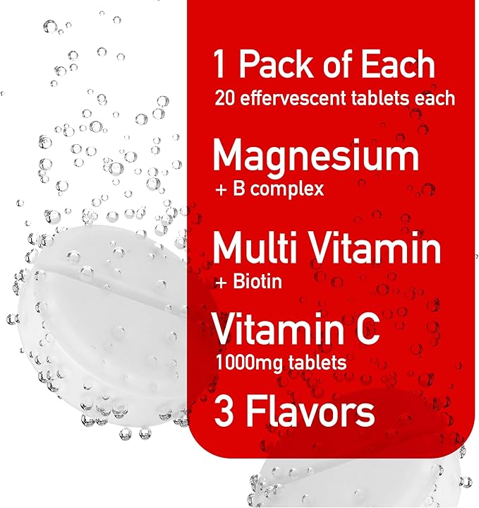 Effervescent Variety Pack with Vitamin C 1000mg, Magnesium + B Complex, Multivitamin + Biotin, 3-Pack, 60 Tablets