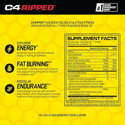 Cellucor C4 Ripped Pre Workout Powder for Energy | Beta Alanine, Sugar Free Energy Supplement Preworkout for Men & Women - 150mg Caffeine + Creatine-Free, Raspberry Lemonade 30 Servings