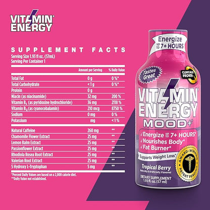 Mood Support Vitamin Energy Drink - Sugar Free, Keto/Vegan Friendly Shots | Mood Balancing with Rhodiola and Chamomile | Energize up to 7+ Hours | Tropical Berry - 1.93 Fl Oz - Pack Of 4
