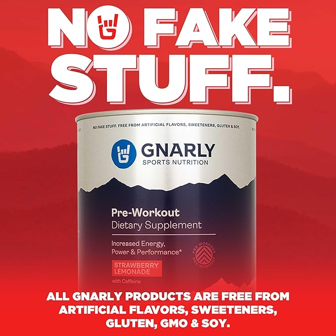 Gnarly Nutrition Natural Pre-Workout Powder - Endurance & Recovery, NSF Sport Certified, Vegan Pre Workout Wellness, Sports Nutrition - Strawberry Lemonade, Caffeine 14.82oz