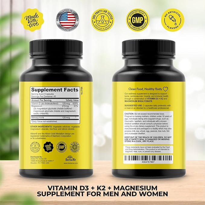 Vitamin D3 5000 IU + K2 with Magnesium Bisglycinate for Max Absorption | 90 Capsules | Immune Support | Promotes Heart, Bone and Muscle Health