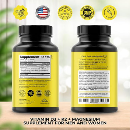 Vitamin D3 5000 IU + K2 with Magnesium Bisglycinate for Max Absorption | 90 Capsules | Immune Support | Promotes Heart, Bone and Muscle Health