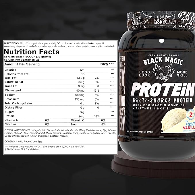 Worldwide Nutrition Black Magic Multi-Source Protein Powder - Whey, Egg Albumin Enzymes, Micellar Casein & MCTs - Muscle Mass Gaining - French Vanilla Flavor - 2 LB with Bonus Multi Purpose Key Chain