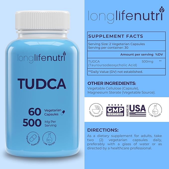 TUDCA - Tauroursodeoxycholic Acid Bile Salt, 500mg per Serving & 60 Vegetarian Capsules, Formulated for Liver Wellness, Natural Ingredients, 30-Day Supply, Made in USA