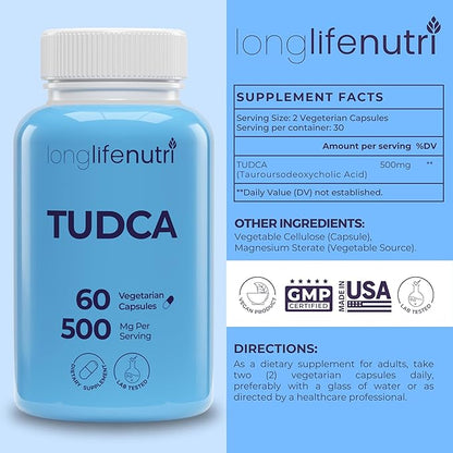 TUDCA - Tauroursodeoxycholic Acid Bile Salt, 500mg per Serving & 60 Vegetarian Capsules, Formulated for Liver Wellness, Natural Ingredients, 30-Day Supply, Made in USA