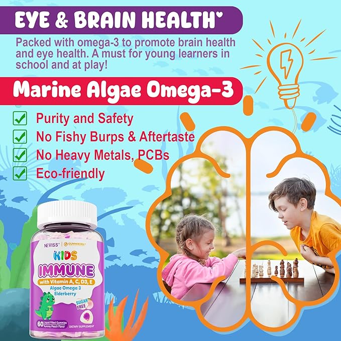 Elderberry + Vitamin C & Zinc Immune Support Gummies for Kids 4+, Omega-3, Vitamin D3, A, E, Sugar Free Daily Childrens Daily Multi Vitamins Gummy | Immunity, Eye & Brain Health | Non-GMO, 60 Count