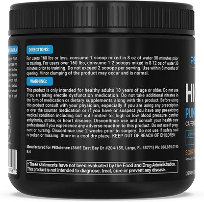 PEScience High Volume Nitric Oxide Booster Pump Pre Workout Powder, Sour Peach Candy, 36 Scoops, Caffeine Free