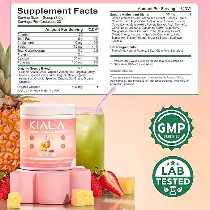 Kiala Nutrition Super Greens, Organic Greens Powder with Spirulina & Chlorella for Digestion, Gut Health, Immunity & Energy, Gluten Free, Vegan, Daily Support for Women, Miami Vice Flavor, 30 Servings