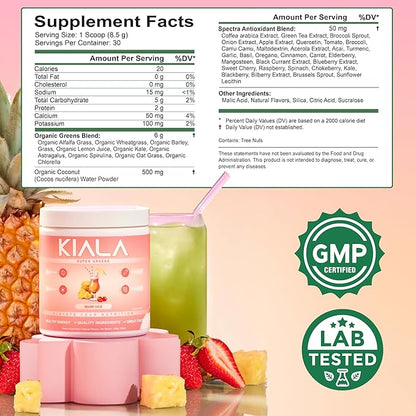 Kiala Nutrition Super Greens, Organic Greens Powder with Spirulina & Chlorella for Digestion, Gut Health, Immunity & Energy, Gluten Free, Vegan, Daily Support for Women, Miami Vice Flavor, 30 Servings