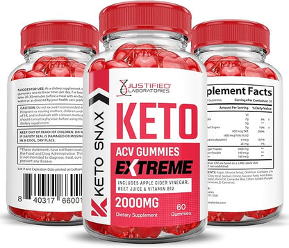Keto Snax Keto ACV Gummies Extreme 2000MG Keto Snax Keto Gummies Advanced Formula Apple Cider Vinegar with Pomegranate Beet Juice Powder B12 Vegan Non GMO 60 Gummys