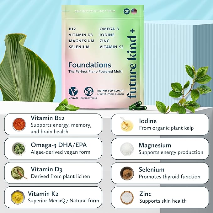 Future Kind Carrageenan-Free Foundations Multivitamin: Vegan Multivitamins for Women & Men- Plant Based Multivitamin, Omega-3, B12, D3, Zinc, Iodine, Magnesium, K2 & Selenium- Compostable Bag