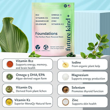 Future Kind Carrageenan-Free Foundations Multivitamin: Vegan Multivitamins for Women & Men- Plant Based Multivitamin, Omega-3, B12, D3, Zinc, Iodine, Magnesium, K2 & Selenium- Compostable Bag
