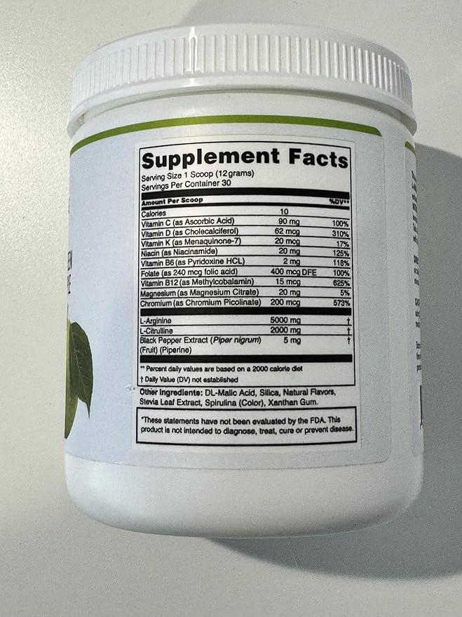 L-Arginine 5000mg + L-Citrulline 2000mg Complex Powder Supplement Drink Mix - Nitric Oxide Booster for Heart Health, Blood Flow & Energy - 30 Servings (Green Apple)