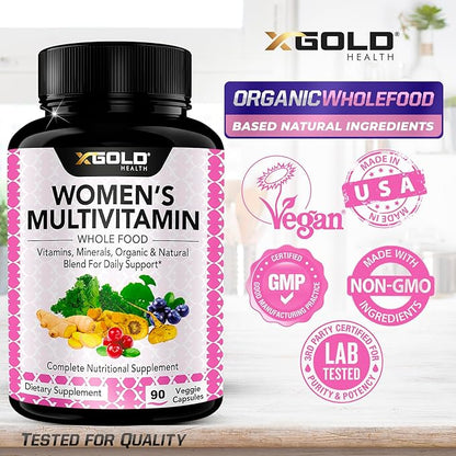 Vegan Women's Daily Multivitamin 50 Plus with Organic WholeFood Based Natural Ingredients, Ginger, Maca, Multi-Vitamin B Complex & More - Energy Support, Immune System Booster -90 Capsules