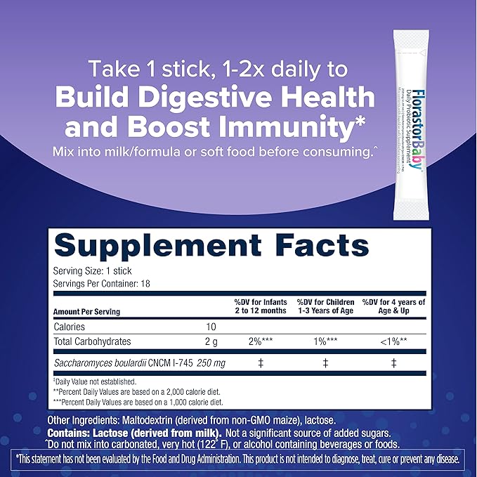 Florastor Baby Daily Probiotic Supplement, Powder Mixes with Milk, Formula or Soft Foods, Saccharomyces Boulardii CNCM I-745 (18 Powder Sticks)