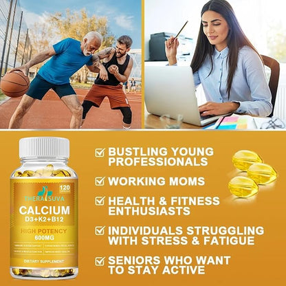 Extra Strength 4-in-1 Calcium 600mg + Vitamin D3 5000iu + K2 + B12 Natural Supplement Complex for Bone and Immune Health, 120 Softgels, 60 Day Supply