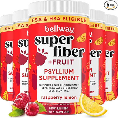 Bellway Super Fiber Powder + Fruit (5 Pack), Sugar Free Organic Psyllium Husk Powder Fiber Supplement for Regularity, Bloating Relief & Gut Health, Non-GMO, Plant-Based, Raspberry Lemon (250 Servings)