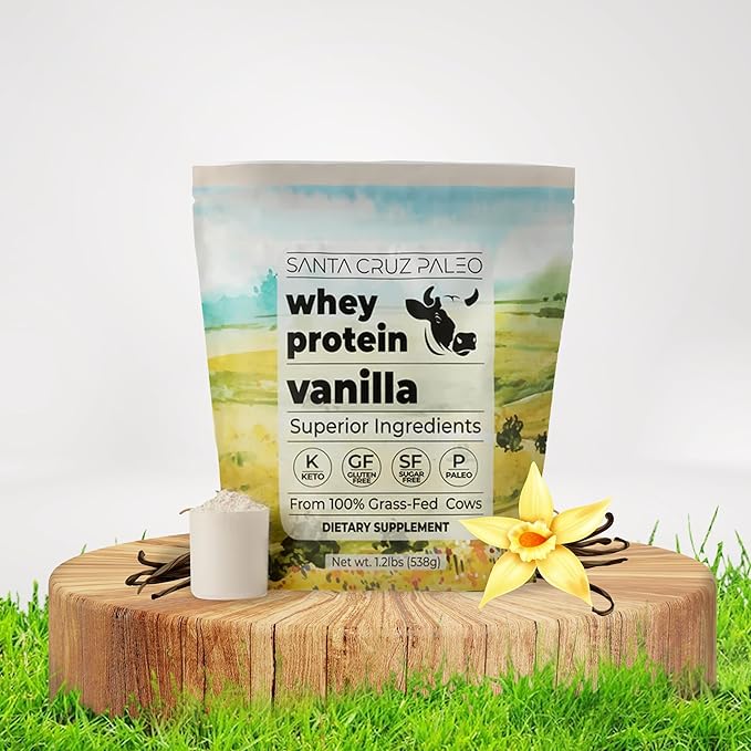 Santa Cruz Paleo Whey Protein Powder, Vanilla, 20g Grass Fed Whey Protein Isolate Per Serving, Gluten Free, Keto, Sugar Free, Paleo, Natural, Post Workout Muscle Support, 20 Servings, 1.2lb Bag
