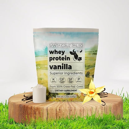 Santa Cruz Paleo Whey Protein Powder, Vanilla, 20g Grass Fed Whey Protein Isolate Per Serving, Gluten Free, Keto, Sugar Free, Paleo, Natural, Post Workout Muscle Support, 20 Servings, 1.2lb Bag