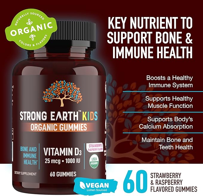 Strong Earth Organic Vitamin D3 Gummies for Kids (1000 IU Vitamin D 3 per Serving, 60 Ct) - Bone & Immune Support Vitamin D Gummies - Vegan Chewable Kids Vitamins - Gummy Vitamin D for Kids & Children