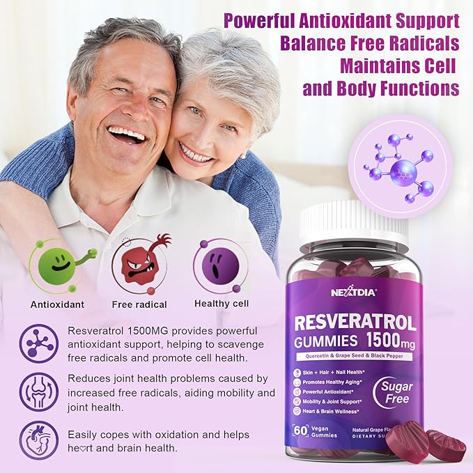 Resveratrol Gummies 1500mg - Resveratrol Supplement with Quercetin, Grape Seed, Red Wine, Black Pepper Extracts Support Antioxidant, Healthy Aging & Brain Wellness - Vegan, Natural Grape Flavor, 60Ct