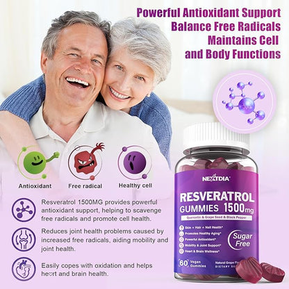 Resveratrol Gummies 1500mg - Resveratrol Supplement with Quercetin, Grape Seed, Red Wine, Black Pepper Extracts Support Antioxidant, Healthy Aging & Brain Wellness - Vegan, Natural Grape Flavor, 60Ct