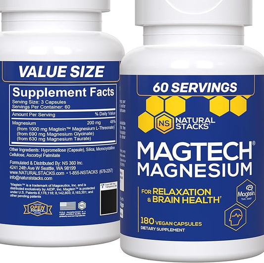 MagTech Magnesium Supplement - Chelated Magnesium Complex - 3 Forms of Magnesium: Magtein Magnesium L-Threonate, Glycinate & Taurate - Supports Relaxation & Brain Health*, 180 Magnesium Capsules