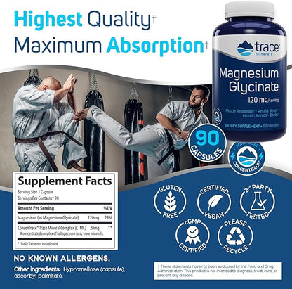 Trace Minerals Magnesium Glycinate 120mg - Bone Strength & Muscle Support - Magnesium Supplement to Aid Healthy Sleep Patterns & Relaxation - Support Nerve Function - 90 Capsules (90 Servings)