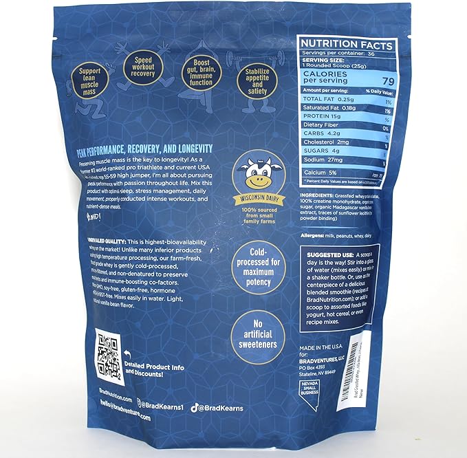 B.rad Grass-Fed Whey Protein Isolate Powder with Creatine | All-Natural, Ultra-Pure, Clean Ingredients | 100% USA-Sourced Superfuel | 2 Pounds | Vanilla Bean