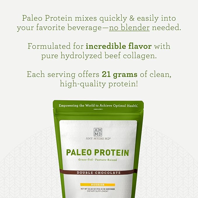 Amy Myers MD Pure Paleo Protein Powder - Clean Grass Fed Pasture Raised Protein - Hormone Free, Non-GMO, Gluten & Dairy Free - Perfect for Keto and Paleo - Double Chocolate- 33.02 oz (936 g)