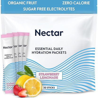 Nectar Hydration Packets - Electrolytes Powder Packets - No Sugar or Calories - Organic Fruit Liquid Daily IV Hydrate Packets for Dehydration Relief & Rehydration (Strawb. Lemon 30 Pack)