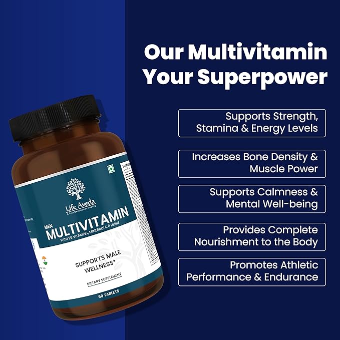 Life Aveda- Daily Multivitamin for Men with Vitamin A, B12, C, D, Calcium and More - 60 Capsules