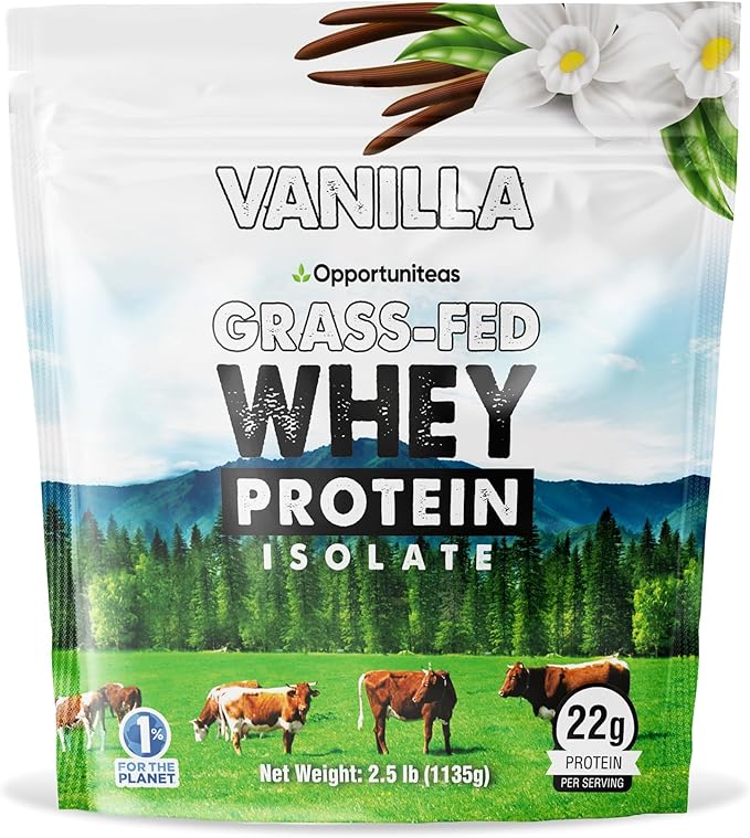 Opportuniteas Grass Fed Vanilla Whey Protein Isolate Powder - 22g Protein Powder Without Artificial Sweeteners, Hormone-Free Cows, Non GMO - 2.5lb