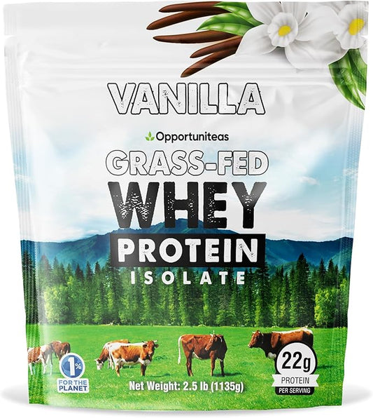 Opportuniteas Grass Fed Vanilla Whey Protein Isolate Powder - 22g Protein Powder Without Artificial Sweeteners, Hormone-Free Cows, Non GMO - 2.5lb