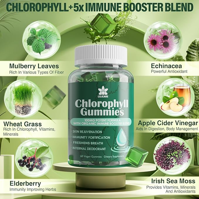 Sugar Free Chlorophyll Gummies - with Unfiltered ACV, Sea Moss & Elderberry, Echinacea, Vitamin D3, C, E, B12 - Natural Deodorant, Breathe Fresh, Immune & Digestion Support, Vegan Delicious Chews 60Ct