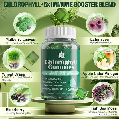 Sugar Free Chlorophyll Gummies - with Unfiltered ACV, Sea Moss & Elderberry, Echinacea, Vitamin D3, C, E, B12 - Natural Deodorant, Breathe Fresh, Immune & Digestion Support, Chlorophyll Chews 2Pack