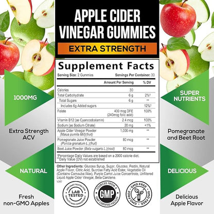 Vegan Apple Cider Vinegar Gummies | Max Strength 1000mg | ACV Supplement Gummy Vitamins for Adults, Supports Digestion, Metabolism, Natural Apple Flavor with Mother, Gluten Free, Non-GMO - 60 Gummies