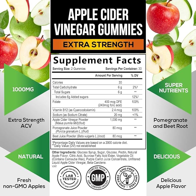 Vegan Apple Cider Vinegar Gummies | Max Strength 1000mg | ACV Supplement Gummy Vitamins for Adults, Supports Digestion, Metabolism, Natural Apple Flavor with Mother, Gluten Free, Non-GMO - 60 Gummies