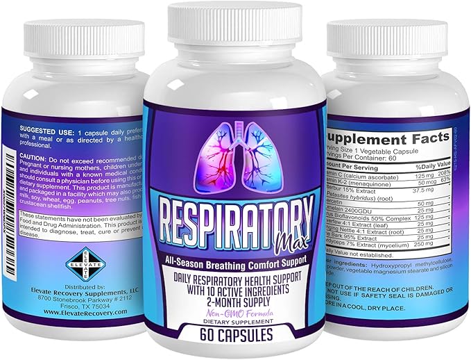 Respiratory-MAX (2-Month Supply) Respiratory Supplements with 10 Active Ingredients - Lung Health Cleanse Detox - Respiratory Support Supplement - Easy to Swallow - 60 Capsules