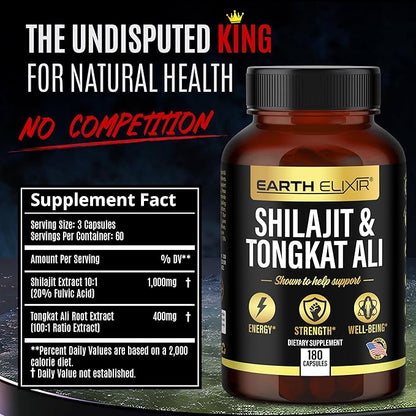Shilajit 1000mg & Tongkat Ali 400mg (180 Capsules) Made in USA-Shilajit Supplement (20% Fulvic Acid) Shilajit Pure Himalayan Organic & Tongkat Ali for Men More Potent Than Shilajit Resin