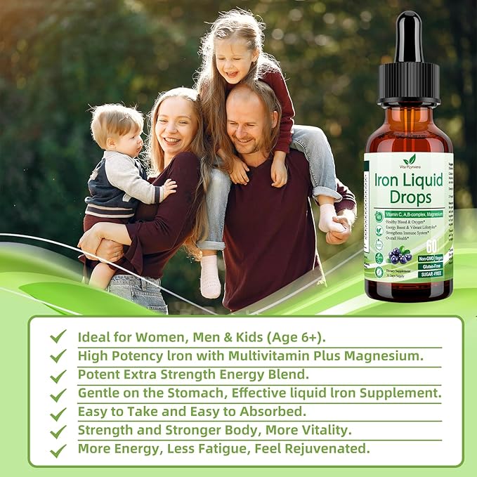 Liquid Iron Supplement for Women Men & Kids, Vegan Iron Drops with Vitamin C D, B12, B-Complex, High Potency Liquid Iron with Multivitamin for Anemia, Energy Support, Blood, Magnesium Iron Gentle