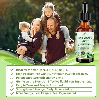 Liquid Iron Supplement for Women Men & Kids, Vegan Iron Drops with Vitamin C D, B12, B-Complex, High Potency Liquid Iron with Multivitamin for Anemia, Energy Support, Blood, Magnesium Iron Gentle