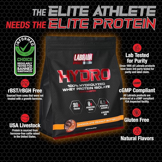 Labrada Hydro 100% Pure Hydrolyzed Whey Protein Isolate Powder, Lactose Free, Glutamine, Fastest Digesting Whey Available, Instant Mixing, Delicious Taste 45 Servings 4lb (Peanut Butter)