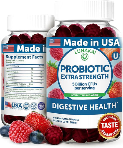 Lunakai USA Made Probiotic Gummies - 5 Billion CFUs, Vegan, Non-GMO, Gluten-Free - Digestive & Immune Support for Women & Men - 60 Chewable Gummies