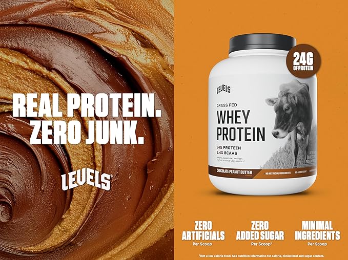 Levels Grass Fed Whey Protein Powder, No Artificials, 24G of Protein, Chocolate Peanut Butter, 5LB